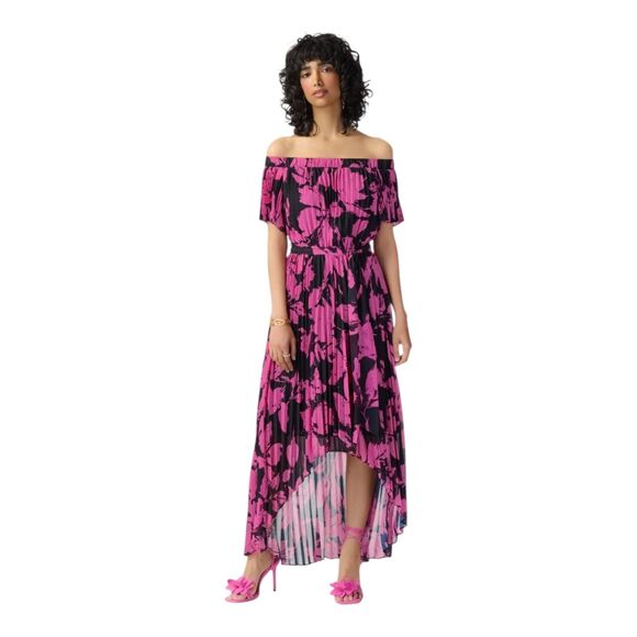Joseph Ribkoff Women's Size 18 Plus Dress Black Pink Chiffon Off Shoulder Hi Lo - Picture 2 of 16